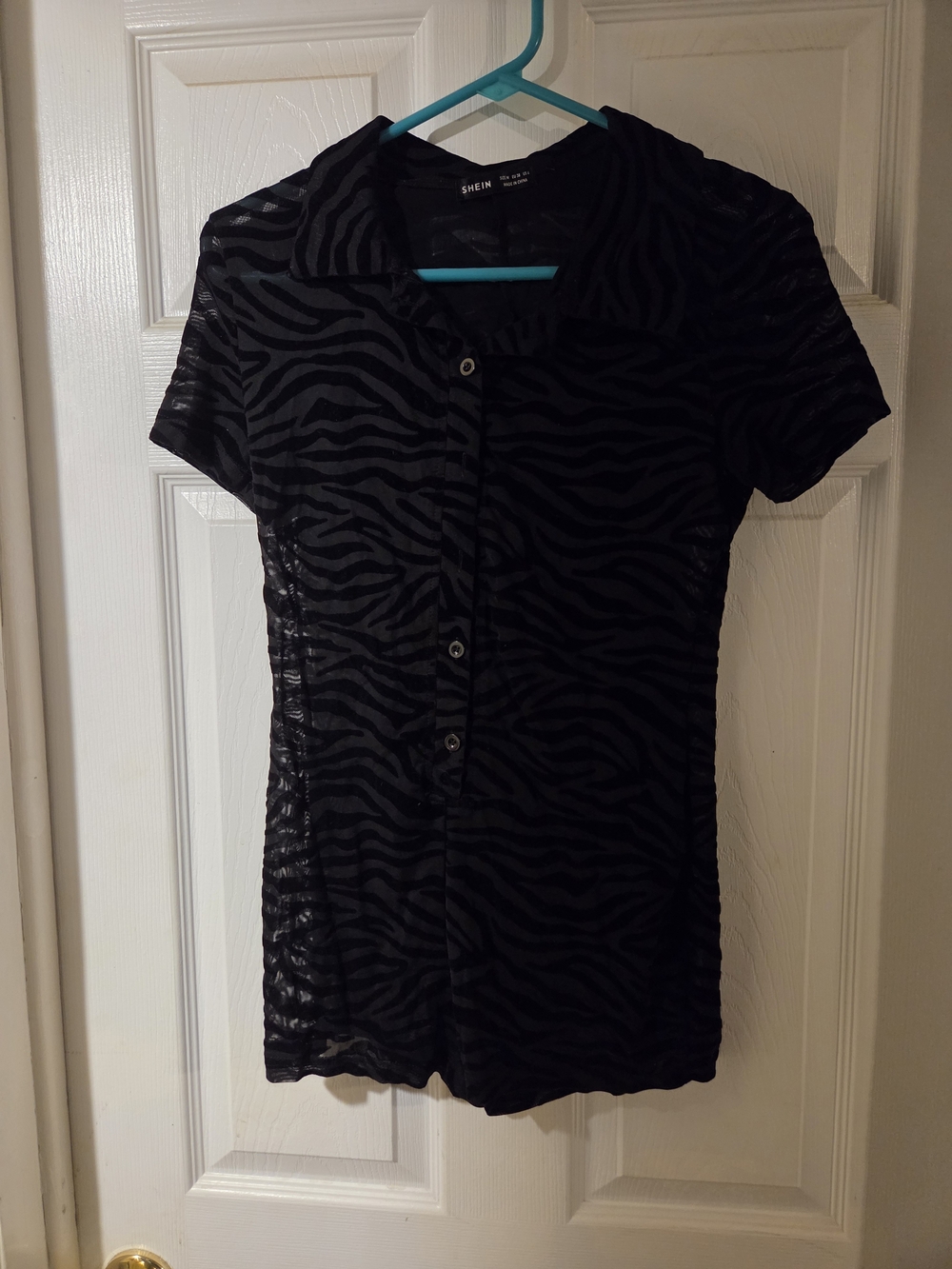 Shein Collar Button up  romper with sheer Zebra print